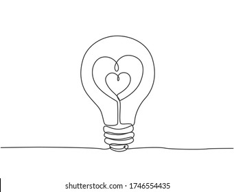 Single continuous line drawing of lightbulb with love heart shaped for cupid company logo label. Power romantic logotype symbol template concept. Dynamic one line draw graphic vector illustration