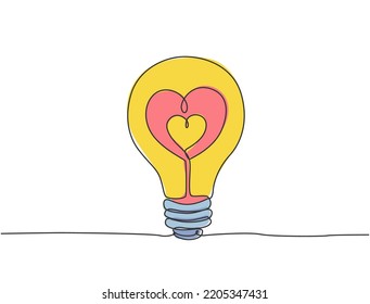 Einzelne kontinuierliche Zeichnung von Glühbirnen, die für das Logo eines Unternehmens in Form von LiebesHerzen gestaltet ist. Power romantic logotype Symbol Template Konzept. Dynamische 1-zeilige grafische Vektorgrafik