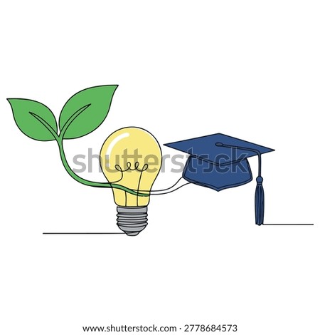 A single continuous line drawing of a lightbulb, green plant sprout, and graduation cap, symbolizing education, innovation, and sustainable growth, isolated on a white background, conveying a hopeful mood.