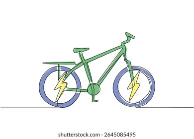 Um único parafuso de desenho de linha contínua relâmpago no meio de ambos os pneus e bicicleta. A alta tecnologia ajuda a tornar as bicicletas mais rápidas. Preciso cobrar. Dia Nacional Da Bicicleta E. Ilustração de vetor de design de uma linha