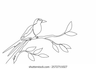 Single continuous line drawing lilac breasted roller perched on a branch with leaves. Beautiful bird with special adaptation style. International Dawn Chorus Day. One line design vector illustration