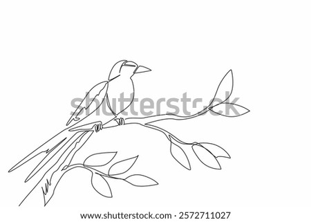 Single continuous line drawing lilac breasted roller perched on a branch with leaves. Beautiful bird with special adaptation style. International Dawn Chorus Day. One line design vector illustration
