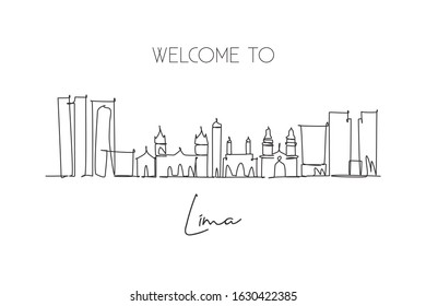 Single continuous line drawing of Lima city skyline, Peru. Famous city scraper landscape. World travel destination concept wall poster. Editable stroke modern one line draw design vector illustration