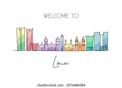 Single continuous line drawing of Lima city skyline, Peru. Famous city scraper landscape. World travel destination concept wall poster. Editable stroke modern one line draw design vector illustration