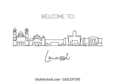 Single continuous line drawing Limassol skyline, Cyprus. Famous city scraper landscape. World travel destination home wall decor poster print concept. Modern one line draw design vector illustration