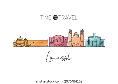 Línea continua única que dibuja el horizonte de Limassol, Chipre. Famoso paisaje de rascacielos de la ciudad. Diseño de póster de decoración de paredes de casa de destino de viajes en el mundo. Ilustración vectorial de diseño de dibujo de una línea moderna