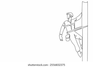 Single continuous line drawing lineman climbs and holds electric pole with one hand. Performing electrical network maintenance. National Lineman Appreciation Day. One line design vector illustration