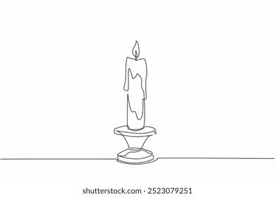 Single continuous line drawing a lit candle in a candlestick. The melting wax. Tradition and stability. Illuminating the darkness. Guidance. World Candle Day. One line design vector illustration