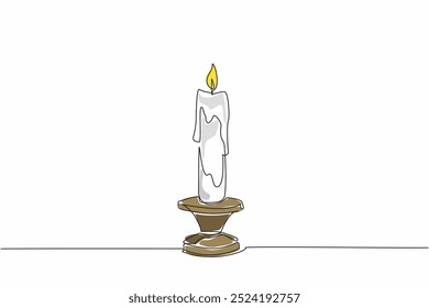 Single continuous line drawing a lit candle in a candlestick. The melting wax. Tradition and stability. Illuminating the darkness. Guidance. World Candle Day. One line design vector illustration