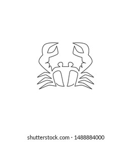 Single continuous line drawing of little crab with big claw for seafood logo identity. Cute sea animal concept for Chinese restaurant icon. Dynamic one line draw design graphic vector illustration