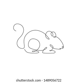 Single continuous line drawing of little cute mouse for logo identity. Funny mice mammal animal mascot concept for pet lover club icon. Modern one line graphic draw design vector illustration