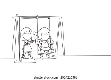 Single continuous line drawing little girl swinging on swing and her friend helped push from behind. Kids playing swing together in public park playground. One line graphic design vector illustration