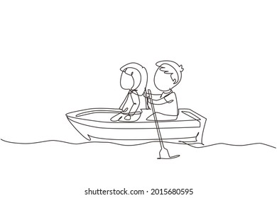 Single continuous line drawing little boy and girl riding on boat together. Kids riding on wooden boat at river. Kids rowing boat on lake. Happy children paddle boat. One line graphic design vector