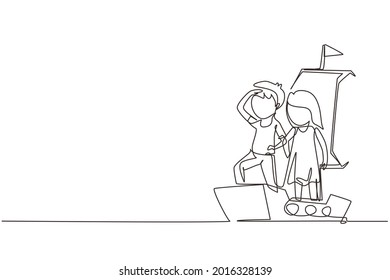 Single continuous line drawing little boy and girl playing sailor with boat made of cardboard box. Creative kids character playing ship made of cardboard boxes. One line draw graphic design vector
