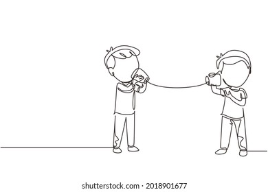 Single continuous line drawing little boys talk using string phone. Children communicating through paper cups phone. Kids playing with can telephone. One line draw graphic design vector illustration