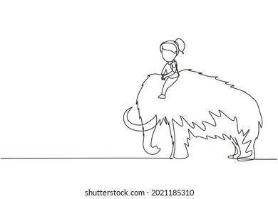 Single continuous line drawing little girl caveman riding woolly mammoth. Young kid sitting on back of mammoth. Stone age children. Ancient human life. One line draw graphic design vector illustration