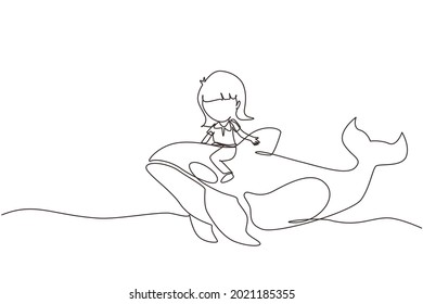 Single continuous line drawing little girl riding orca. Young kid sitting on back whale killer in swimming pool. Whale killer or orca in water. Dynamic one line draw graphic design vector illustration