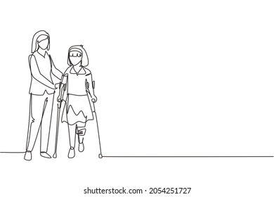 Single continuous line drawing little girl patient learn walking using crutches with help of doctor physiotherapist. Physiotherapy treatment of people injury, disability. One line draw design vector