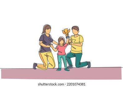 Un solo dibujo en línea de una niña pequeña celebra la victoria del trofeo con su padre después de ganar la competencia. Feliz concepto de paternidad familiar. Ilustración del vector de diseño de trazas de una línea