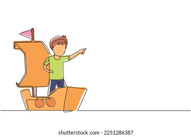 Single continuous line drawing little boy playing sailor with boat made of cardboard box. Creative kid character playing ship made of cardboard boxes. One line draw graphic design vector illustration