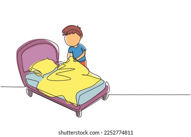 Una línea continua dibujando al niño pequeño haciendo la cama. Niños haciendo tareas domésticas en el concepto de casa. Los niños rutinan después de despertarse para arreglar la cama. ilustración vectorial de diseño gráfico de una línea