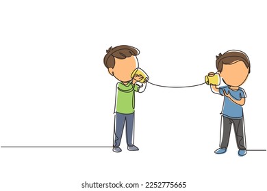 Single continuous line drawing little boys talk using string phone. Children communicating through paper cups phone. Kids playing with can telephone. One line draw graphic design vector illustration