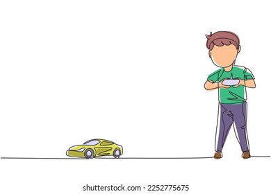 Single continuous line drawing little boy playing with remote-controlled car. Cute kids playing with electronic toy car with remote control in hands. One line draw graphic design vector illustration