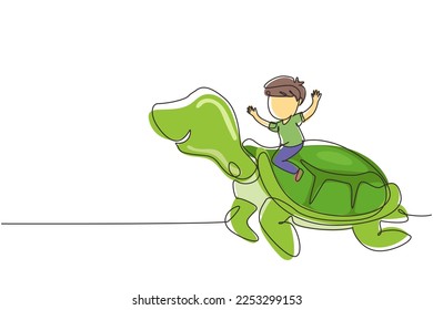 Single continuous line drawing little boy riding sea turtle. Child sitting on back tortoise with fins diving in beach. Kids learning to ride turtle. One line draw graphic design vector illustration
