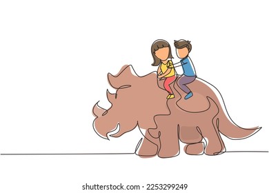 Single continuous line drawing little boy and girl caveman riding triceratops together. Kids sitting on back of dinosaur. Stone age children. Ancient human life. One line draw graphic design vector
