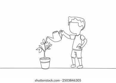 Single continuous line drawing a little boy watering pot of flowering plants. Teaching from an early age. Concern for the environment. National Plant a Flower Day. One line design vector illustration