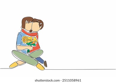 Single continuous line drawing a little boy holding a bouquet of roses while hugging his mother. Expressing affection to beloved mom. Sincerely love. Mother's Day. One line design vector illustration