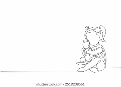 Single continuous line drawing a little girl gently cradles her fluffy cat. The girl's smile suggests a deep bond between the two. Care. National Love Your Pet Day. One line design vector illustration