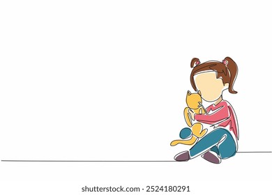 Single continuous line drawing a little girl gently cradles her fluffy cat. The girl's smile suggests a deep bond between the two. Care. National Love Your Pet Day. One line design vector illustration