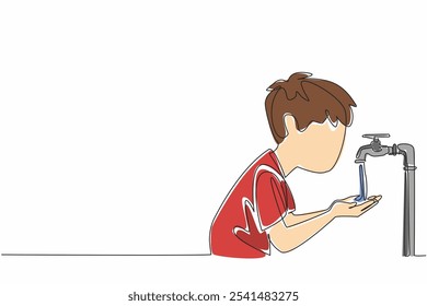 Single continuous line drawing little boy holds and inhales water with his palms. Feel the coolness. There is no longer any drought. Water flow. World Water Day. One line design vector illustration