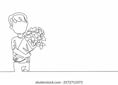 Single continuous line drawing the little boy hugging bouquet of flowers. Meaningful giving. Sign of affection. Memorable. Flora. Aromatic. Present. World Give Day. One line design vector illustration