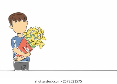 Single continuous line drawing the little boy hugging bouquet of flowers. Meaningful giving. Sign of affection. Memorable. Flora. Aromatic. Present. World Give Day. One line design vector illustration