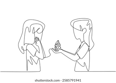 Single continuous line drawing the little girl gives strawberry topped cupcake to another girl. Cultivating friendship. Happy. National Give Someone a Cupcake Day. One line design vector illustration