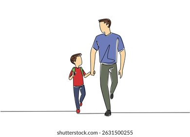 Single continuous line drawing little boy carrying backpack walking hand in hand with his father. Fun with Dad. Experiences. Responsible. Walk Safely To School Day. One line design vector illustration