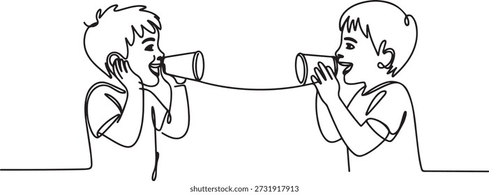 Dibujo de línea continua simple Los niños pequeños hablan usando el teléfono de cuerda. Los niños se comunican a través de vasos de papel o teléfono. Los niños que juegan con el teléfono de la lata. dibujo del icono de una línea
