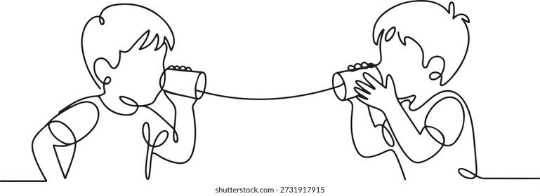 Dibujo de línea continua simple Los niños pequeños hablan usando el teléfono de cuerda. Los niños se comunican a través de vasos de papel o teléfono. Los niños que juegan con el teléfono de la lata. dibujo del icono de una línea
