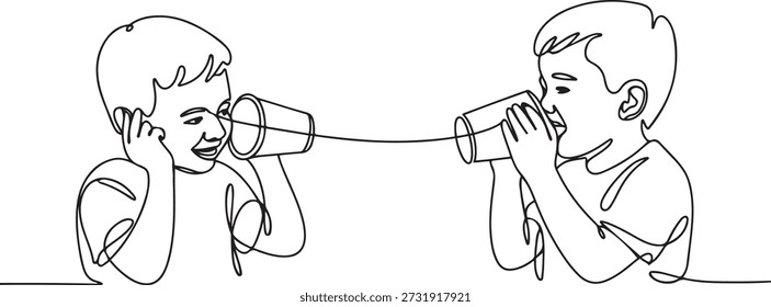 Dibujo de línea continua simple Los niños pequeños hablan usando el teléfono de cuerda. Los niños se comunican a través de vasos de papel o teléfono. Los niños que juegan con el teléfono de la lata. dibujo del icono de una línea
