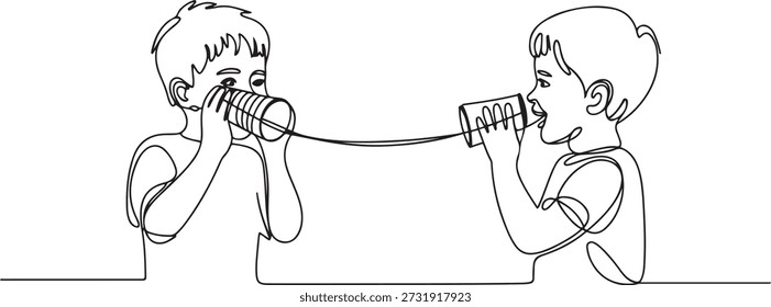Dibujo de línea continua simple Los niños pequeños hablan usando el teléfono de cuerda. Los niños se comunican a través de vasos de papel o teléfono. Los niños que juegan con el teléfono de la lata. dibujo del icono de una línea
