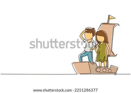 Single continuous line drawing little boy and girl playing sailor with boat made of cardboard box. Creative kids character playing ship made of cardboard boxes. One line draw graphic design vector