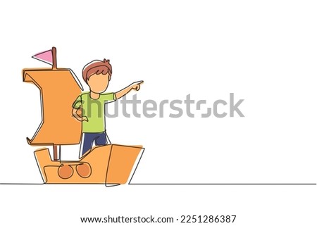 Single continuous line drawing little boy playing sailor with boat made of cardboard box. Creative kid character playing ship made of cardboard boxes. One line draw graphic design vector illustration