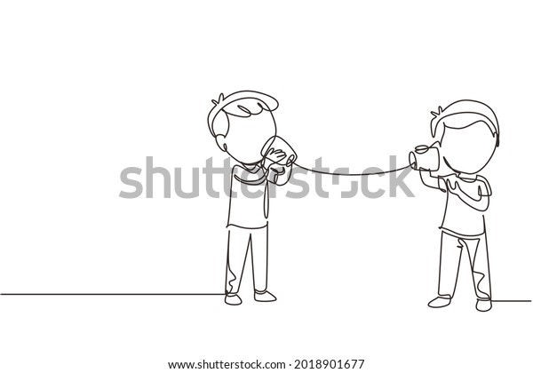 Single continuous line drawing little boys\
talk using string phone. Children communicating through paper cups\
phone. Kids playing with can telephone. One line draw graphic\
design vector\
illustration