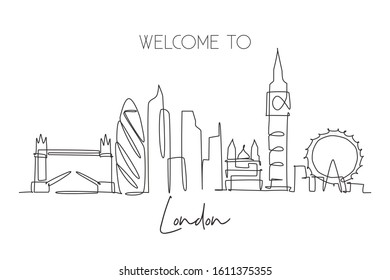 Single continuous line drawing of London city skyline. Famous city skyscraper landscape in world. World travel campaign home wall decor poster concept. Modern one line draw design vector illustration