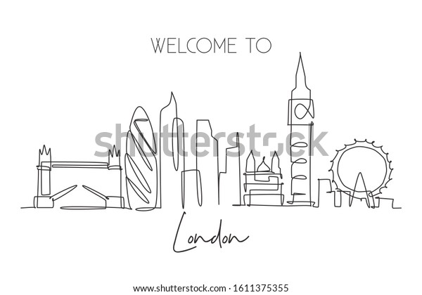 Single continuous line drawing of London city skyline. Famous city