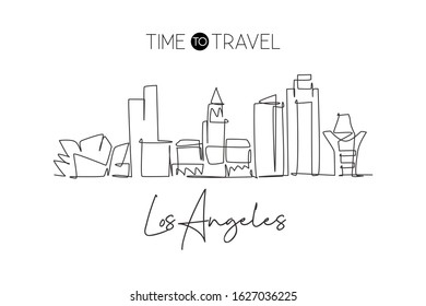 Single continuous line drawing of Los Angeles city skyline, United States. Famous city landscape. World travel concept home wall decor poster print art. Modern one line draw design vector illustration