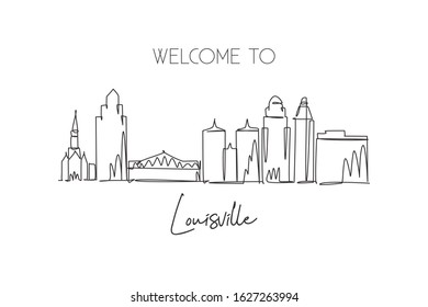 Single Continuous Line Drawing Louisville City Skyline, Kentucky. Famous City Scraper And Landscape. World Travel Concept Home Wall Decor Poster Print. Modern One Line Draw Design Vector Illustration