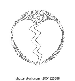 Single Continuous Line Drawing Love Shape Broken In Two. Emoji Of Heartbreak, Broken Heart Or Divorce Icon. Swirl Curl Circle Background Style. Dynamic One Line Draw Graphic Design Vector Illustration